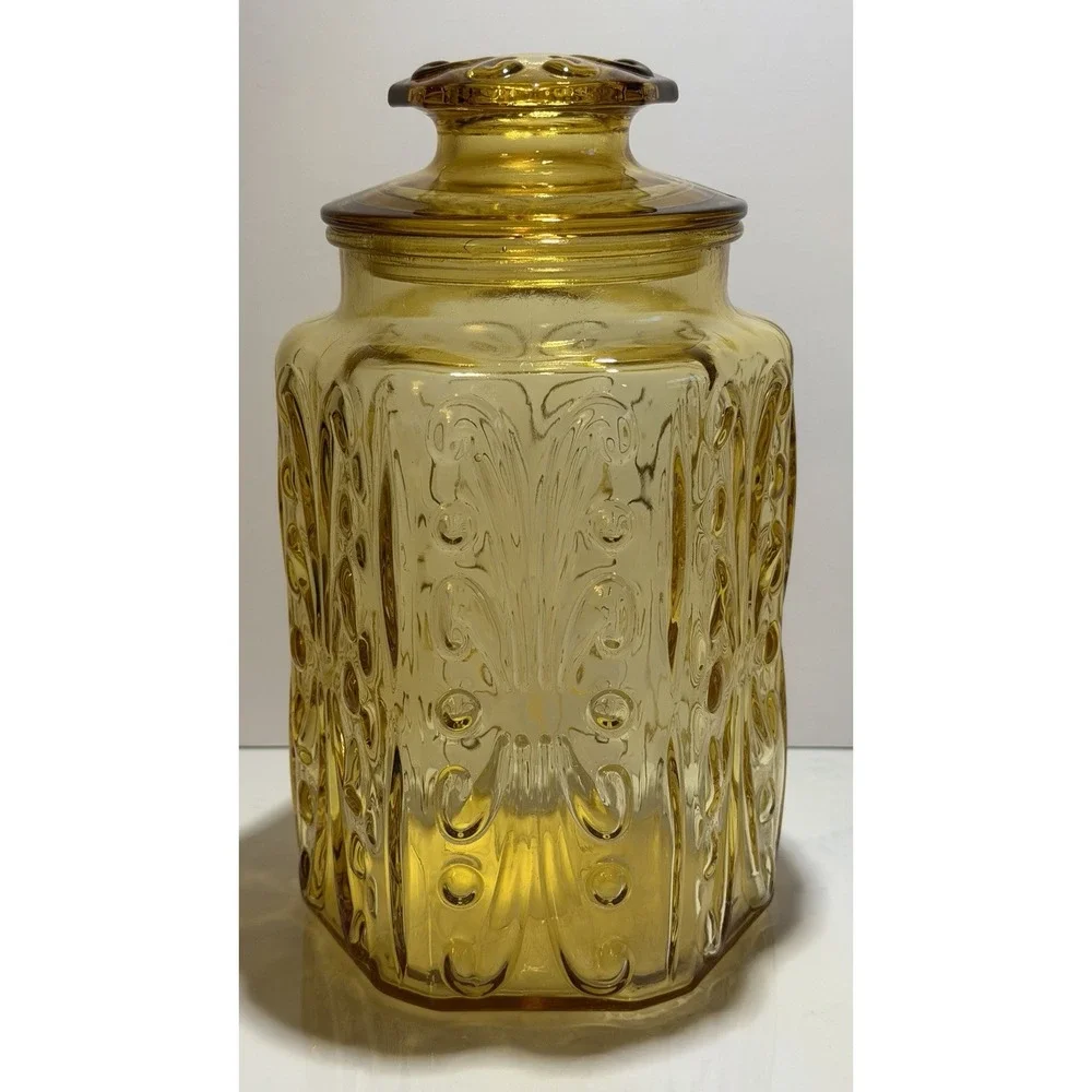 Vintage LE Smith Amber Gold Glass Lidded Canister Imperial Scroll norubber Seal
